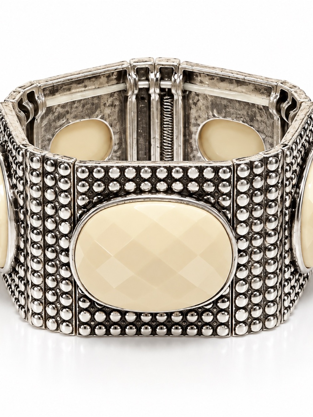 Silver-Tone Bracelet with Bright Ivory Cabochons